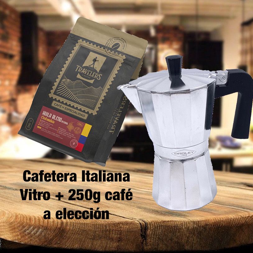 Pack Cafetera Italiana Capacidad 6Tz + 250g Café