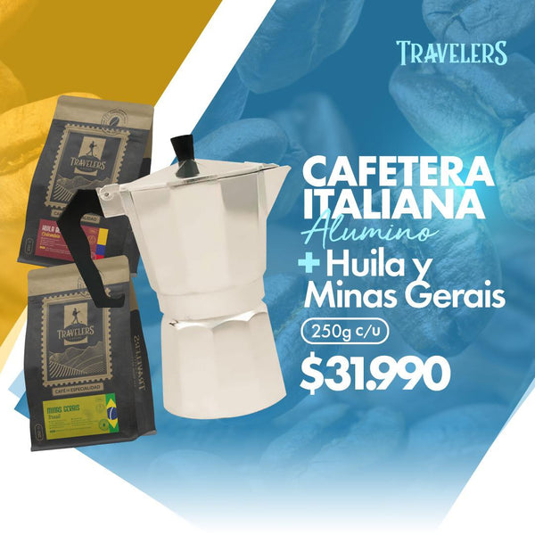 Cafetera Italiana 6tz + Huila Colombia y Venecia 250g – Travelers Coffee